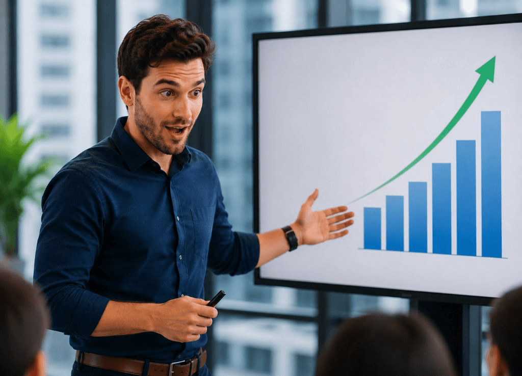 Presenter highlighting upward growth on a revenue chart
