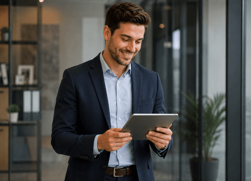 Professional trying the product on a tablet before committing
